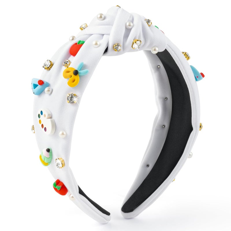 PANTIDE Teacher Jeweled Knotted Headband - Christmas Gift Apple Pencil Rhinestone Pearl Embellished Headband Wide Top Knot Hair Accessories Teacher Appreciation Birthday for Women Girls (White) - Image 1